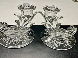 Fostoria Mayflower 2496 Candlestick Duo 1938-1954 Etched - Picture 1 of 9