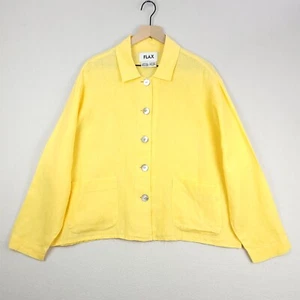 FLAX Jacket Womens Medium Yellow Linen Button Up Lightweight Pockets Lagenlook - Picture 1 of 15