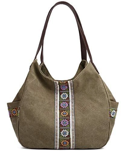 Worldlyda Women Canvas Purse Multi Pocket Tote Shopper Shoulder Bag Casual Top - Image 1 of 4