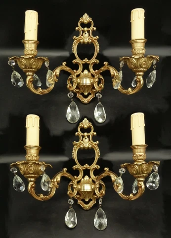 LARGE PAIR SCONCES AT TASSELS LOUIS XV STYLE - BRONZE & GLASS - FRENCH ANTIQUE Cover