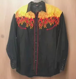 Rockabilly Pearl Snap Shirt Men XL Embroidered Patch Flames Western Black Roper - Picture 1 of 10