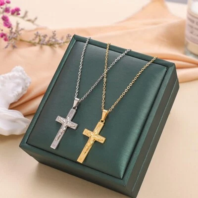 Kreuz Halskette Damen Herren Silber Gold Edelstahl Halskette Jesus Anhänger - Bild 1 von 4