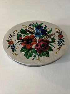 Vintage Needlepoint Floral Cookie Sewing Biscuit Tin Oval - Picture 1 of 5