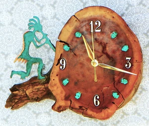 Running Kokopell w/ Turquoise Stones Log Cabin Style 10" x 9" x 2.5" Wall Clock - Picture 1 of 4