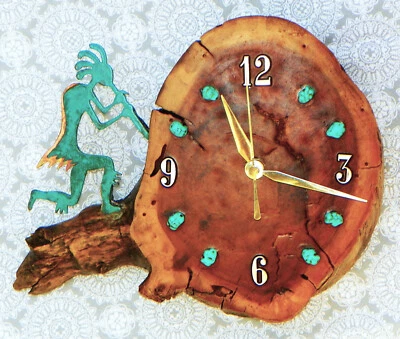 Running Kokopell w/ Turquoise Stones Log Cabin Style 10" x 9" x 2.5" Wall Clock - Image 1 of 4