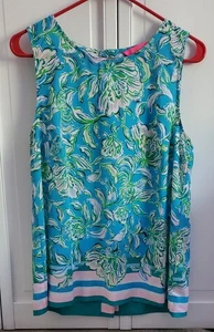 Lilly Pulitzer Womens Medium Sleeveless Top Button Back Blouse Tank Floral Teal - Picture 1 of 13