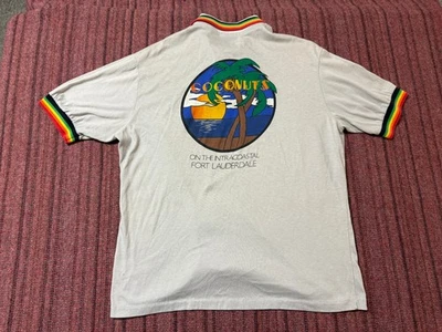 MENS USED VINTAGE 70S 80S PRINT ONS RAINBOW STRIPED GRAY POLO SHIRT SIZE LARGE - Image 1 of 4