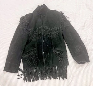 Chaqueta con flecos de cuero gamuza negra excelente occidental *pesada* hecha en EE. UU. 42 Regu - Imagen 1 de 19