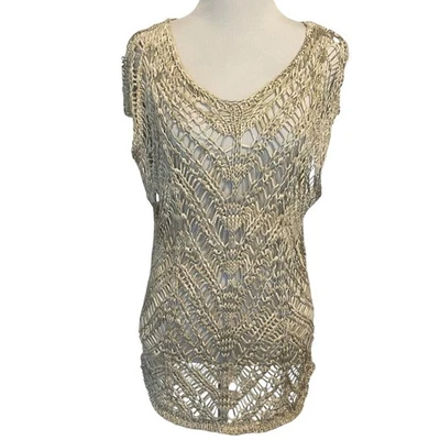 Eileen Fisher Tape Stitch Knit Top Womens Medium Beige & Gold Overlay Boho  - Image 1 of 4