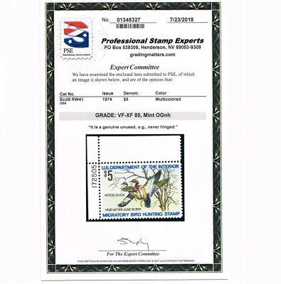 EXCEPTIONAL SCOTT #RW41 MINT PRISTNE OG NH PSE CERT GRADED VF-XF 85 PLATE #17250 - Image 1 of 3