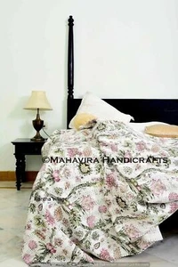 Floral Print Pure Cotton White Kantha Quilt Boho Coverlet Twin Size Bedspread - Picture 1 of 2