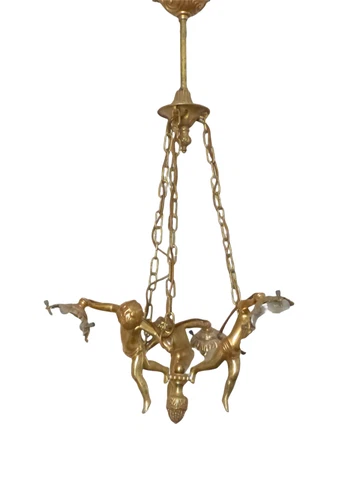 Vintage French 3 Arms Ormolu Bronze & Glass Chandelier Ceiling Cherub Putti Cover