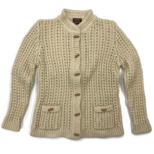 Gaeltarra Aran Knit Sweater Womens Sz 40 Bamboo Button Beige 100% Pure New Wool - Picture 1 of 11