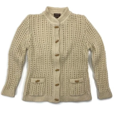 Gaeltarra Aran Knit Sweater Womens Sz 40 Bamboo Button Beige 100% Pure New Wool - Image 1 of 4