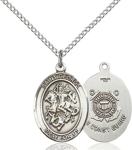 Sterling Silver Saint George Coast Guard Medal Pendant Necklace 18" Chain Gift - Picture 1 of 2