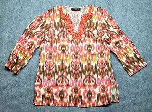 Jones New York Tunika Bluse Damen S rot abstrakt 3/4 Arm Ausschnitt Perlen Leinen - Bild 1 von 9