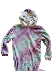 Girls Unicorn Hooded Fleece Pajamas Medium 10/12 Children's Jumpsuit Zip Up - Picture 1 of 4