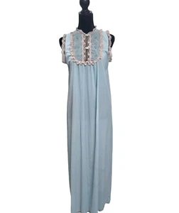 Vtg 1960s JcPenney Sz S Long Nightgown Lace Blue Nylon Button Flowers Babydoll - Picture 1 of 12