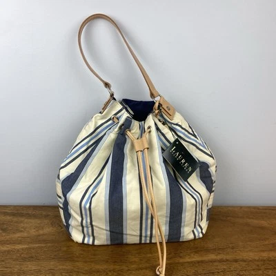 Ralph Lauren Striped Blue Tan Canvas Drawstring Bucket Bag Purse - Image 1 of 4