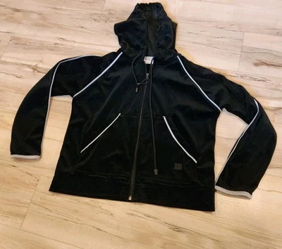 Vtg Women’s M Wilson Black Velour Track Jacket Grey Piping Y2K 90s Grunge Zip Up - Image 1 of 4