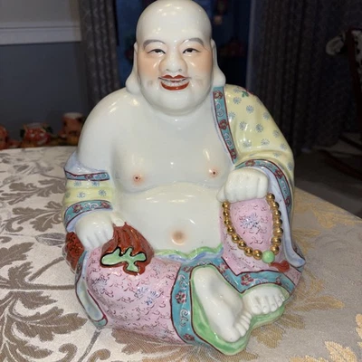 Vtg Chinese Famille Rose Porcelain Happy Buddha Statue LARGE SIZE 9 1/2”H-Marked - Image 1 of 4