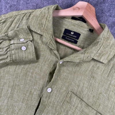 Lombard Shirt Mens 39 Green Smart Fit 100% Linen Long Sleeve Button Front Pocket - Image 1 of 4