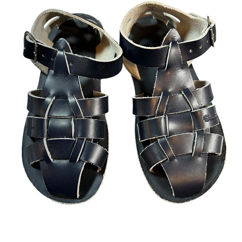 Salt Water Sandals by Hoy Navy Blue Leather Fisherman Ankle Strap Buckle Kids 10 - Image 1 of 4