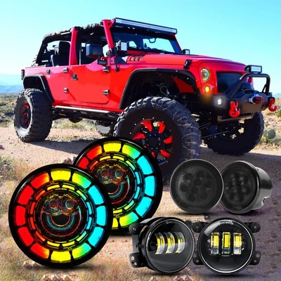 Mais novo RGB 7" faróis de LED + 4" faróis de neblina + sinais de seta para Jeep Wrangler JKU - Imagem 1 de 4