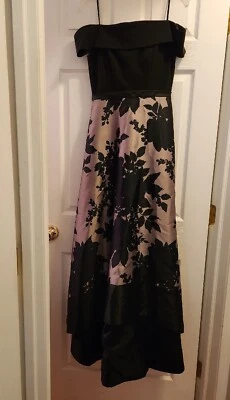 NEW Morgan and Co. Black Tan Floral Dress Gown Off the Shoulder High Low 5/6 - Image 1 of 4