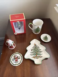 Five Piece Spode Christmas Tree Collection Ornaments, Mug, Dish, Wine Stopper - Picture 1 of 10