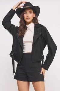 Suede Long Sleeve Belted Moto Jacket From Jade By Jane - Picture 1 of 13
