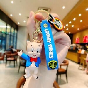 3D Rubber Novelty Gift Looney Tunes Porky Pig Keyring Keychain Wristlet & Clasp