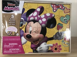 Minnie Mouse Puzzle Set of 5 Wood Puzzles Disney Junior Kids Present In Wood Box - Picture 1 of 9