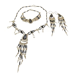 Vintage Gothic Stil Fransen Halskette Ohrring Armband Set Silberfarben Schwarz Glas - Bild 1 von 24