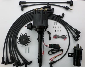 CHEVY ALL BLACK Small HEI Distributor + plug wires over valve cover + 45K Coil - Picture 1 of 6