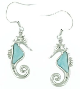 925 Sterling Silver Natural Larimar Dangle Earrings - Hawaiian Seahorse - Picture 1 of 2