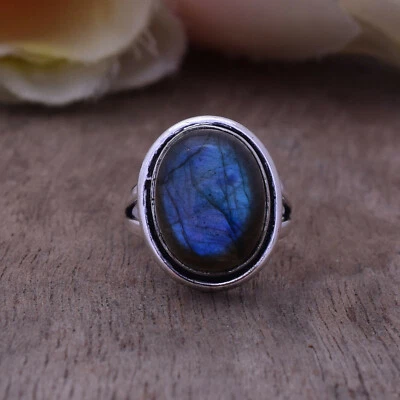 Delizioso Anello In Argento 925 Con Gemma Di Labradorite Tutte Le Taglie - Immagine 1 di 4
