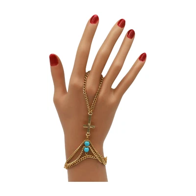 Pulsera de cadena de mano de metal dorado para mujer con dije cruzado azul turquesa joyería de moda Foto 1 de 4