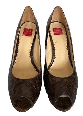 OSCAR DE LA RENTA Tacones Peeptoe Cuero Estampado Serpiente Talla 8M 3" Tacón Marrón Rico Foto 1 de 4