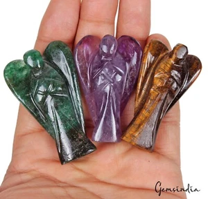 400 Cts/3 Pcs Natural Bi Color Tiger Eye,Amethyst,Aventurine Carved Pocket Angel - Picture 1 of 6