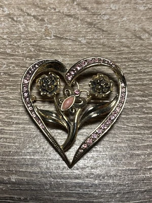 Broche prendedor corazón vintage dorado flores mariposa pedrería rosa floral Foto 1 de 4