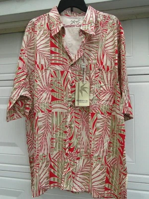 BAMBOO CAY 夏威夷衬衫 100% 棉番茄红色棕褐色卡其色棕榈叶 2X 55 — 第 1/4 张图片