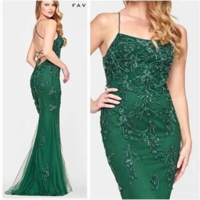Nuevo con etiquetas Vestido Faviana S10634 Cazador Verde Con Cuentas Espalda Abierta Sexy Sirena Formal Baile de graduación Foto 1 de 4