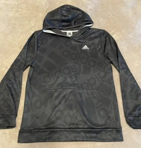 EUC Boy’s Adidas Logo All Over Hooded Sweatshirt Black Youth XL 18/20 - Picture 1 of 5