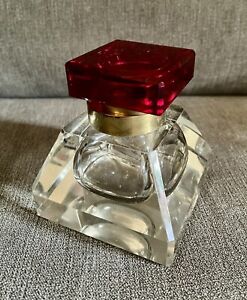 Antique Inkwell Solid Glass & Brass Square  With Red Glass Top-Heavy