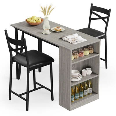 3-Tire Dining Set Bar Table and 2 Height Chairs Wood Top for Small Space Kitchen - Image 1 of 4