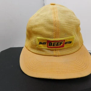 VTG Enjoy BEEF Often All Mesh Trucker Hat Yellow Snap Back - Picture 1 of 11