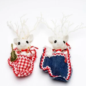 2 Vintage Kitschy Plastic White Reindeer in Handmade Mitten Christmas Ornaments - Picture 1 of 6
