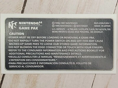 NINTENDO 64 N64 GAME PAK CARTUCHO NUS-001 (USA) ETIQUETA MATE REPUESTO PEGATINA Foto 1 de 4