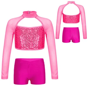 Kids Girls Tracksuit Modern Crop Top With Shorts Active Outfit Figure Skating - Picture 1 of 46